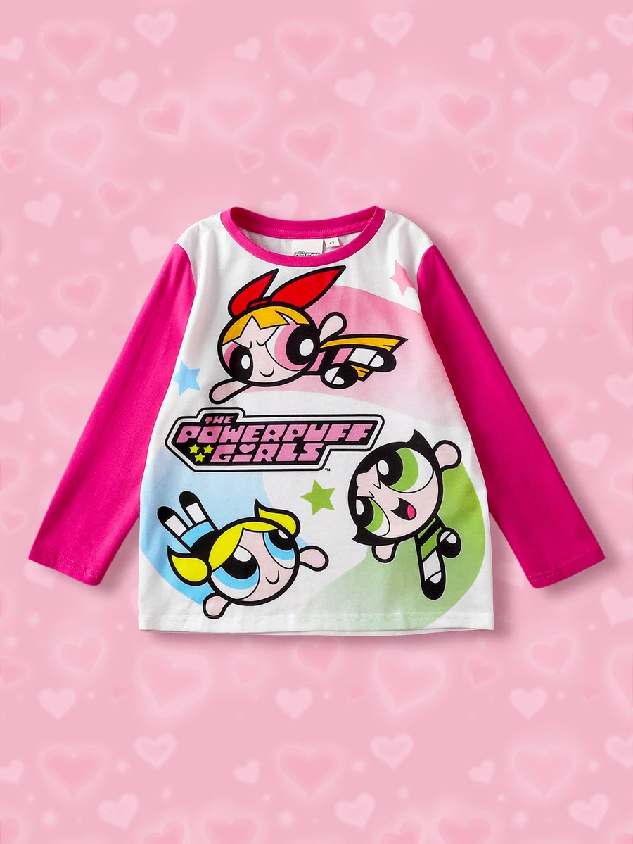 THE POWERPUFF GIRLS X SHEIN 小女孩可爱卡通花朵、泡泡、毛茛图案圆领长袖针织T恤 - 彩色 - 查看 1