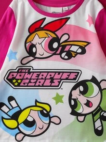 THE POWERPUFF GIRLS X SHEIN 小女孩可爱卡通花朵、泡泡、毛茛图案圆领长袖针织T恤 - 彩色 - 查看 5