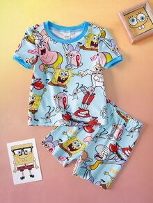 SpongeBob SquarePants | SHEIN Baby Boy Cartoon Print Top & Shorts Snug Fit Loungewear - Blue - View 8