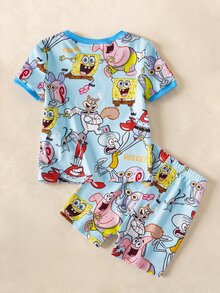 SpongeBob SquarePants | SHEIN Baby Boy Cartoon Print Top & Shorts Snug Fit Loungewear - Blue - View 2