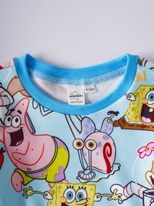 SpongeBob SquarePants | SHEIN Baby Boy Cartoon Print Top & Shorts Snug Fit Loungewear - Blue - View 3