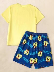 SpongeBob SquarePants | SHEIN 青少年女孩圓領字母卡通印花短袖上衣與短褲休閒日常居家睡衣套裝 - 黃色 - 查看 2