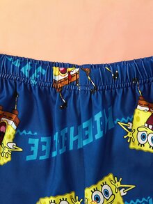 SpongeBob SquarePants | SHEIN 青少年女孩圓領字母卡通印花短袖上衣與短褲休閒日常居家睡衣套裝 - 黃色 - 查看 6