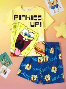 SpongeBob SquarePants | SHEIN 青少年女孩圓領字母卡通印花短袖上衣與短褲休閒日常居家睡衣套裝 - 黃色 - 查看 8