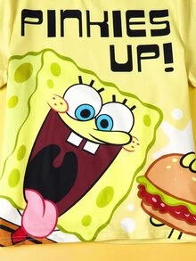 SpongeBob SquarePants | SHEIN 青少年女孩圓領字母卡通印花短袖上衣與短褲休閒日常居家睡衣套裝 - 黃色 - 查看 4