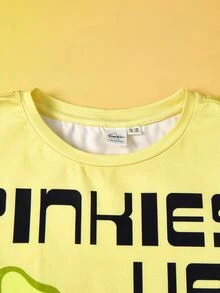 SpongeBob SquarePants | SHEIN 青少年女孩圓領字母卡通印花短袖上衣與短褲休閒日常居家睡衣套裝 - 黃色 - 查看 3