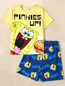 SpongeBob SquarePants | SHEIN 青少年女孩圓領字母卡通印花短袖上衣與短褲休閒日常居家睡衣套裝 - 黃色 - 查看 1