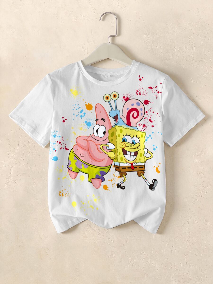 SpongeBob SquarePants | SHEIN Tween Girl Cartoon Print Round Neck Short Sleeve Casual T-Shirt - White - View 1