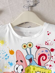 SpongeBob SquarePants | SHEIN Tween Girl Cartoon Print Round Neck Short Sleeve Casual T-Shirt - White - View 4