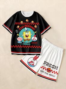 SpongeBob SquarePants | SHEIN Tween Boy Cartoon Print Round Neck Short Sleeve T-Shirt And Shorts Casual Daily Outfit - White - View 1