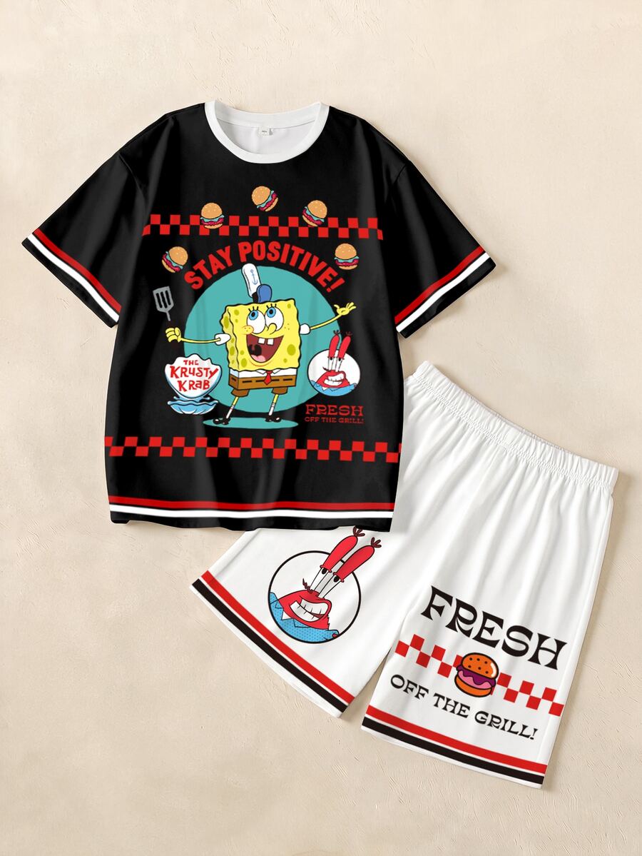 SpongeBob SquarePants | SHEIN Tween Boy Cartoon Print Round Neck Short Sleeve T-Shirt And Shorts Casual Daily Outfit - White - View 1