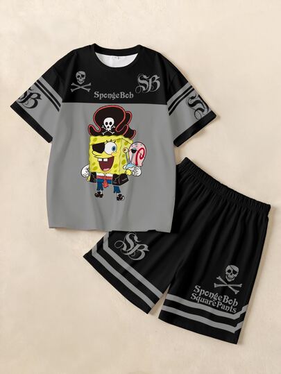 SpongeBob SquarePants | SHEIN Tween Boy Crew Neck Letter Cartoon Print Short Sleeve T-Shirt And Shorts Casual Daily Outfit