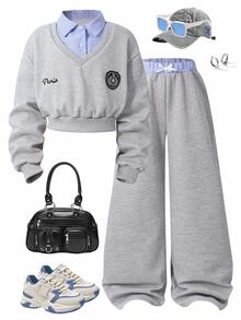 SHEIN 2pcs/Set Teen Girls Casual Sport 2 In 1 Long Sleeve Crop Top And Straight Leg Pants Suit, Back-To-School Graduation Autumn Embroidery Outfit Set - Grey - View 3