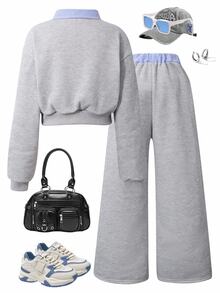SHEIN 2pcs/Set Teen Girls Casual Sport 2 In 1 Long Sleeve Crop Top And Straight Leg Pants Suit, Back-To-School Graduation Autumn Embroidery Outfit Set - Grey - View 2