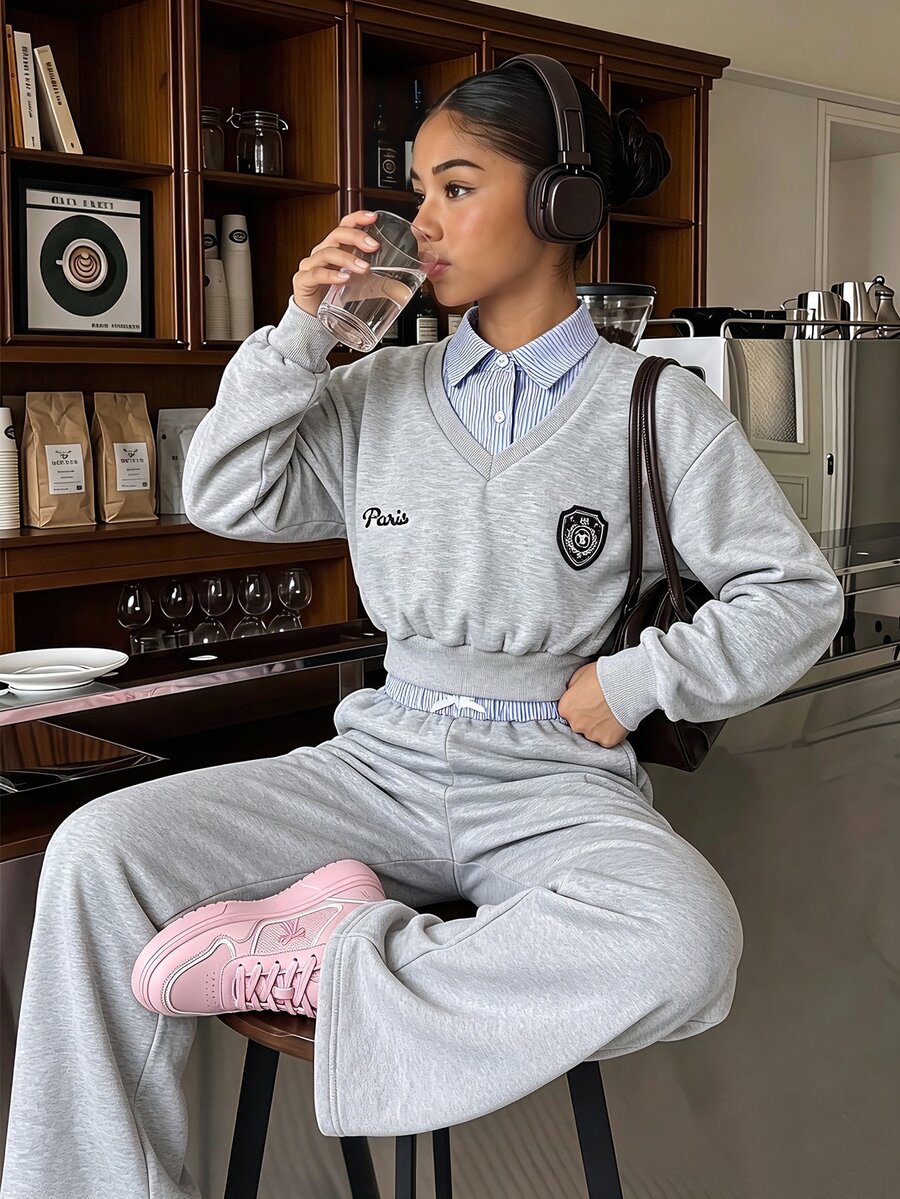 SHEIN 2pcs/Set Teen Girls Casual Sport 2 In 1 Long Sleeve Crop Top And Straight Leg Pants Suit, Back-To-School Graduation Autumn Embroidery Outfit Set - Grey - View 1
