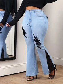 Slaydiva Plus Size Women's Casual Daily Denim Wide Leg Pants With Pockets, Buttons And Applique - Black - View 10