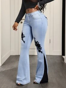 Slaydiva Plus Size Women's Casual Daily Denim Wide Leg Pants With Pockets, Buttons And Applique - Black - View 2