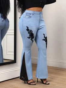Slaydiva Plus Size Women's Casual Daily Denim Wide Leg Pants With Pockets, Buttons And Applique - Black - View 7