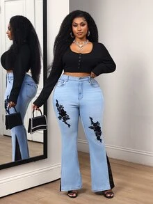 Slaydiva Plus Size Women's Casual Daily Denim Wide Leg Pants With Pockets, Buttons And Applique - Black - View 8