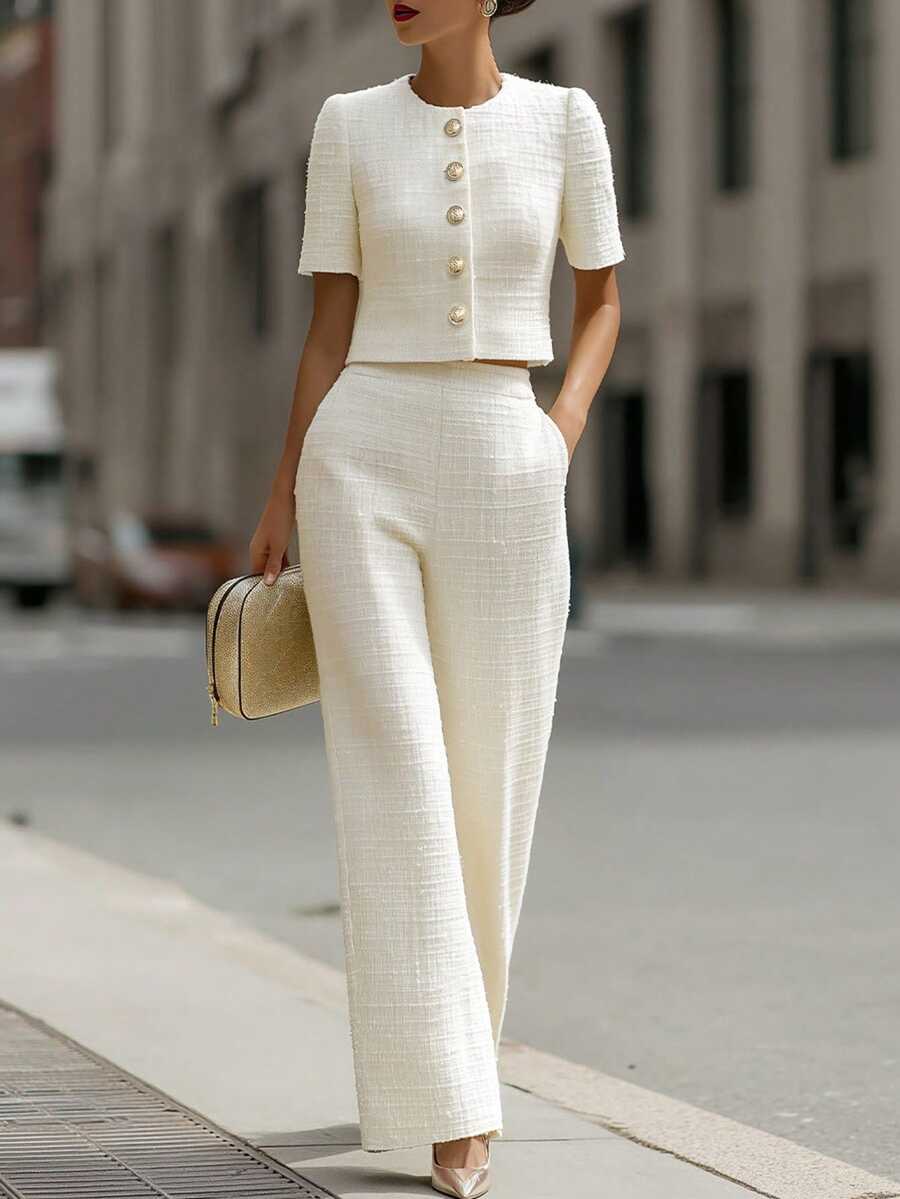 SHEIN Women's Early Autumn French Style Tweed Short Sleeve Round Neck Cropped Jacket With Gold Buttons And High Waist Wide Leg Long Pants Set, Textured Coarse Spun Fabric, Suitable For Commute, Party, Daily Wear - White - View 1