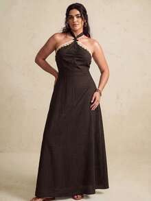 Nubod Đầm nữ size lớn dáng ôm phong cách boho thanh lịch, dây chéo trang trí Bohemian, cổ yếm, kiểu Pháp, casual đi du lịch và đi biển, màu nâu, mùa hè - màu nâu - Xem 8