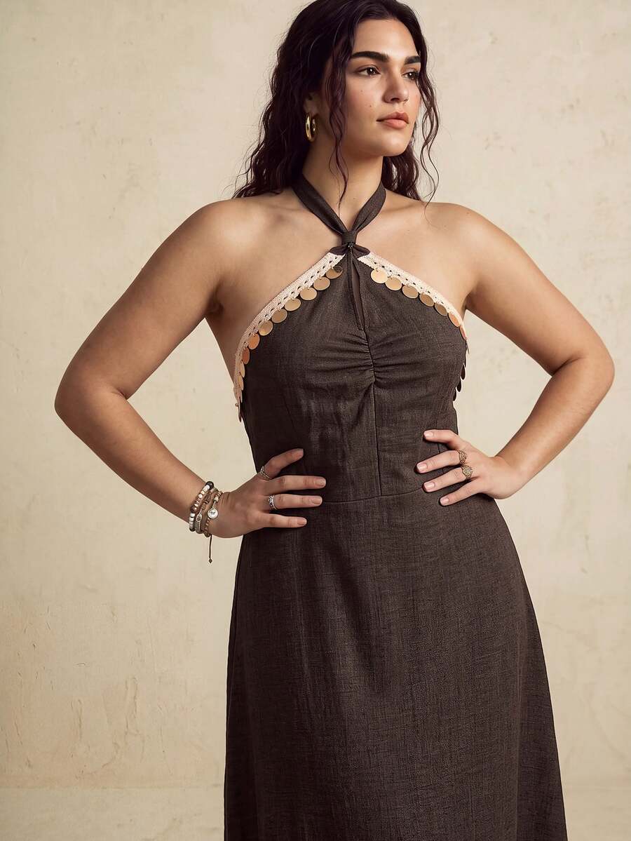Nubod Đầm nữ size lớn dáng ôm phong cách boho thanh lịch, dây chéo trang trí Bohemian, cổ yếm, kiểu Pháp, casual đi du lịch và đi biển, màu nâu, mùa hè