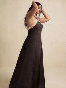 Nubod Đầm nữ size lớn dáng ôm phong cách boho thanh lịch, dây chéo trang trí Bohemian, cổ yếm, kiểu Pháp, casual đi du lịch và đi biển, màu nâu, mùa hè - màu nâu - Xem 5