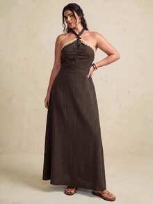 Nubod Đầm nữ size lớn dáng ôm phong cách boho thanh lịch, dây chéo trang trí Bohemian, cổ yếm, kiểu Pháp, casual đi du lịch và đi biển, màu nâu, mùa hè - màu nâu - Xem 4