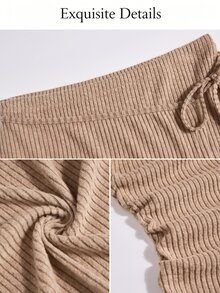SOLERSUN Setelan Elegan Warna Cokelat Muda dengan Leher Asimetris untuk Wanita, Atasan dan Rok dengan Tali Serut di Samping, Pakaian Kasual Musim Gugur. - Unta - View 8