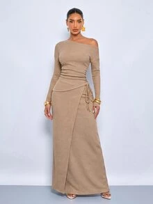 SOLERSUN Setelan Elegan Warna Cokelat Muda dengan Leher Asimetris untuk Wanita, Atasan dan Rok dengan Tali Serut di Samping, Pakaian Kasual Musim Gugur. - Unta - View 7