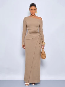 SOLERSUN Setelan Elegan Warna Cokelat Muda dengan Leher Asimetris untuk Wanita, Atasan dan Rok dengan Tali Serut di Samping, Pakaian Kasual Musim Gugur. - Unta - View 4