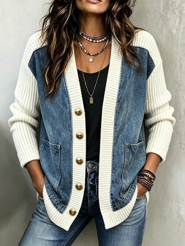 Holdful Holdful Cardigan de manga larga casual y versátil de uso diario con bloques de color para mujer
