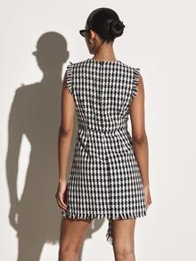 KSTM Gingham Checked Tweed Mini Dress With High Neck Fringe Trim Sleeveless Asymmetric Hem Fitted Waist A-Line Silhouette Fall Winter Party - Black and White - View 2