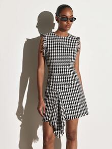 KSTM Gingham Checked Tweed Mini Dress With High Neck Fringe Trim Sleeveless Asymmetric Hem Fitted Waist A-Line Silhouette Fall Winter Party - Black and White - View 1