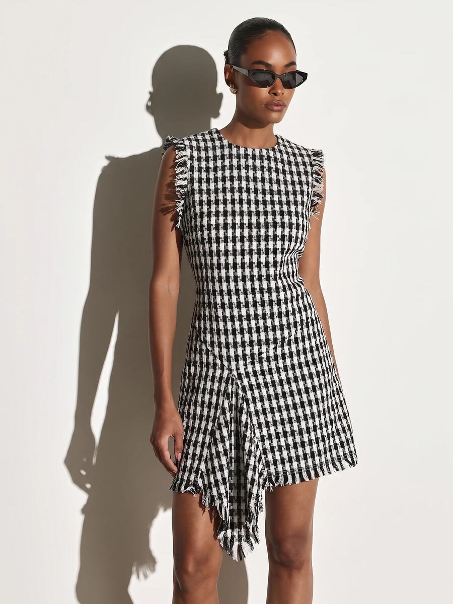 KSTM Gingham Checked Tweed Mini Dress With High Neck Fringe Trim Sleeveless Asymmetric Hem Fitted Waist A-Line Silhouette Fall Winter Party - Black and White - View 1