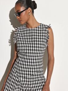 KSTM Gingham Checked Tweed Mini Dress With High Neck Fringe Trim Sleeveless Asymmetric Hem Fitted Waist A-Line Silhouette Fall Winter Party - Black and White - View 4