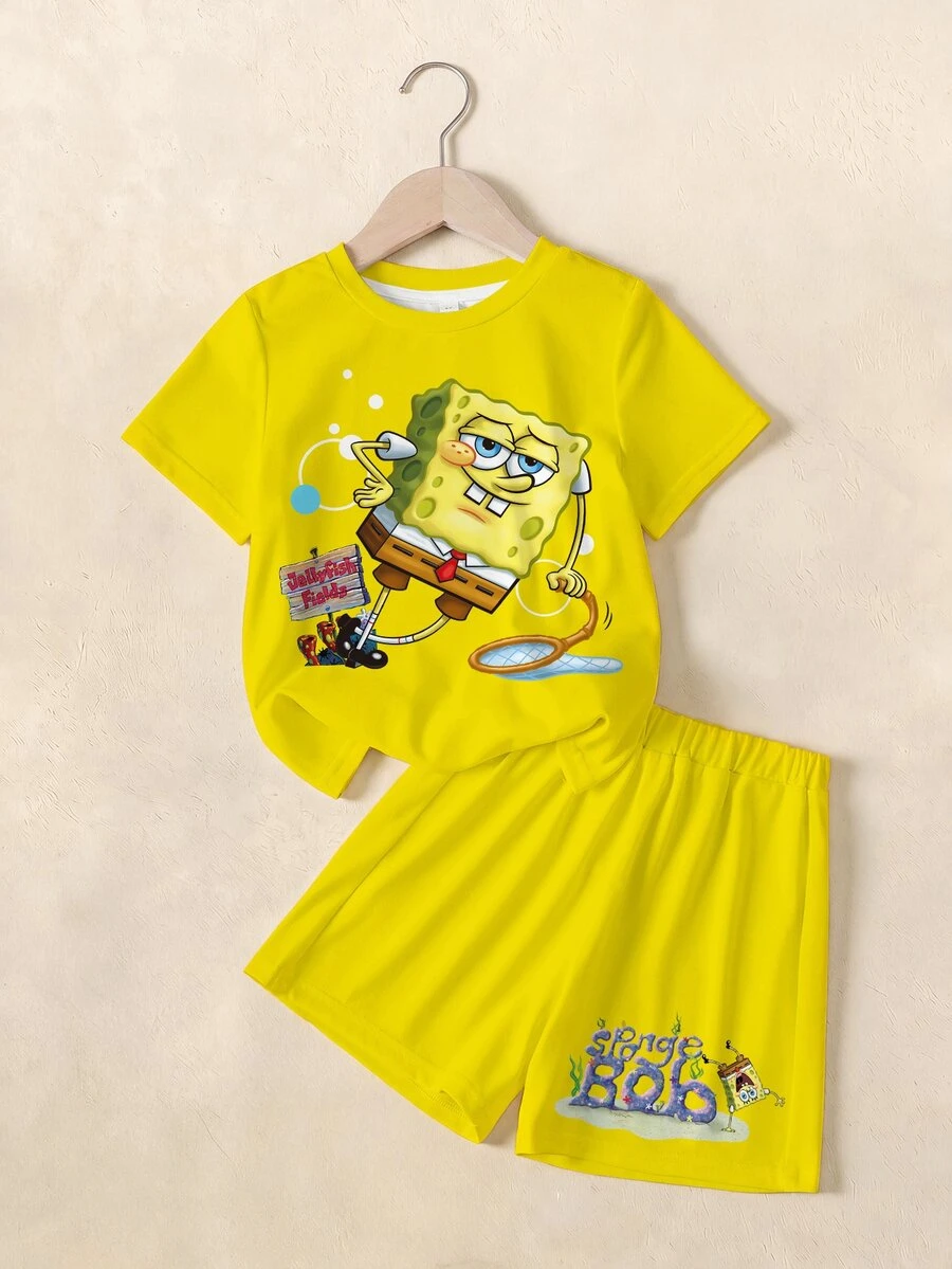 SpongeBob SquarePants | SHEIN Young Boy Cartoon Print Crew Neck T-Shirt And Shorts Set - White - View 1