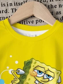 SpongeBob SquarePants | SHEIN Young Boy Cartoon Print Crew Neck T-Shirt And Shorts Set - White - View 3