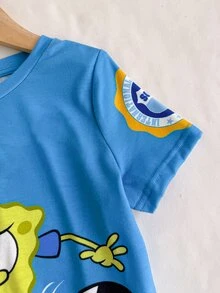 SpongeBob SquarePants | SHEIN Young Boy Summer Casual Sports Daily Commute Fun Cartoon Letter Print Short Sleeve T-Shirt - Blue - View 4
