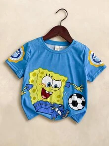 SpongeBob SquarePants | SHEIN Young Boy Summer Casual Sports Daily Commute Fun Cartoon Letter Print Short Sleeve T-Shirt - Blue - View 1