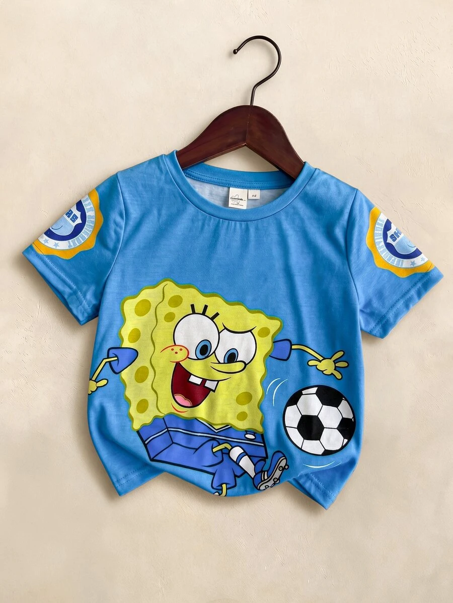 SpongeBob SquarePants | SHEIN Young Boy Summer Casual Sports Daily Commute Fun Cartoon Letter Print Short Sleeve T-Shirt - Blue - View 1