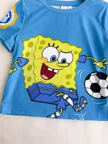 SpongeBob SquarePants | SHEIN Young Boy Summer Casual Sports Daily Commute Fun Cartoon Letter Print Short Sleeve T-Shirt - Blue - View 5