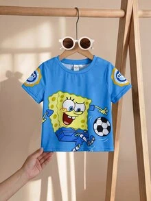 SpongeBob SquarePants | SHEIN Young Boy Summer Casual Sports Daily Commute Fun Cartoon Letter Print Short Sleeve T-Shirt - Blue - View 3