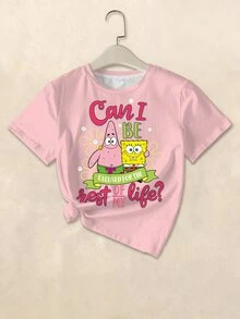 SpongeBob SquarePants | SHEIN Tween Girl Cartoon Print Round Neck Short Sleeve T-Shirt - White - View 1