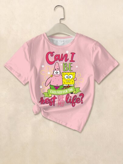 SpongeBob SquarePants | SHEIN Camiseta de manga corta con cuello redondo y estampado de dibujos animados para niña preadolescente
