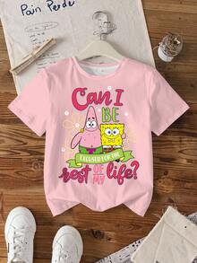 SpongeBob SquarePants | SHEIN Tween Girl Cartoon Print Round Neck Short Sleeve T-Shirt - White - View 3