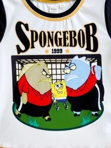 SpongeBob SquarePants | SHEIN 小男孩夏季休閒對比色字母與卡通圖案圓領短袖T恤 - 黑與白 - 查看 5