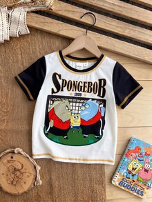 SpongeBob SquarePants | SHEIN 小男孩夏季休閒對比色字母與卡通圖案圓領短袖T恤 - 黑與白 - 查看 8