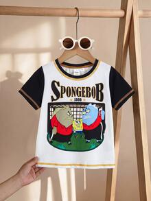 SpongeBob SquarePants | SHEIN 小男孩夏季休閒對比色字母與卡通圖案圓領短袖T恤 - 黑與白 - 查看 3