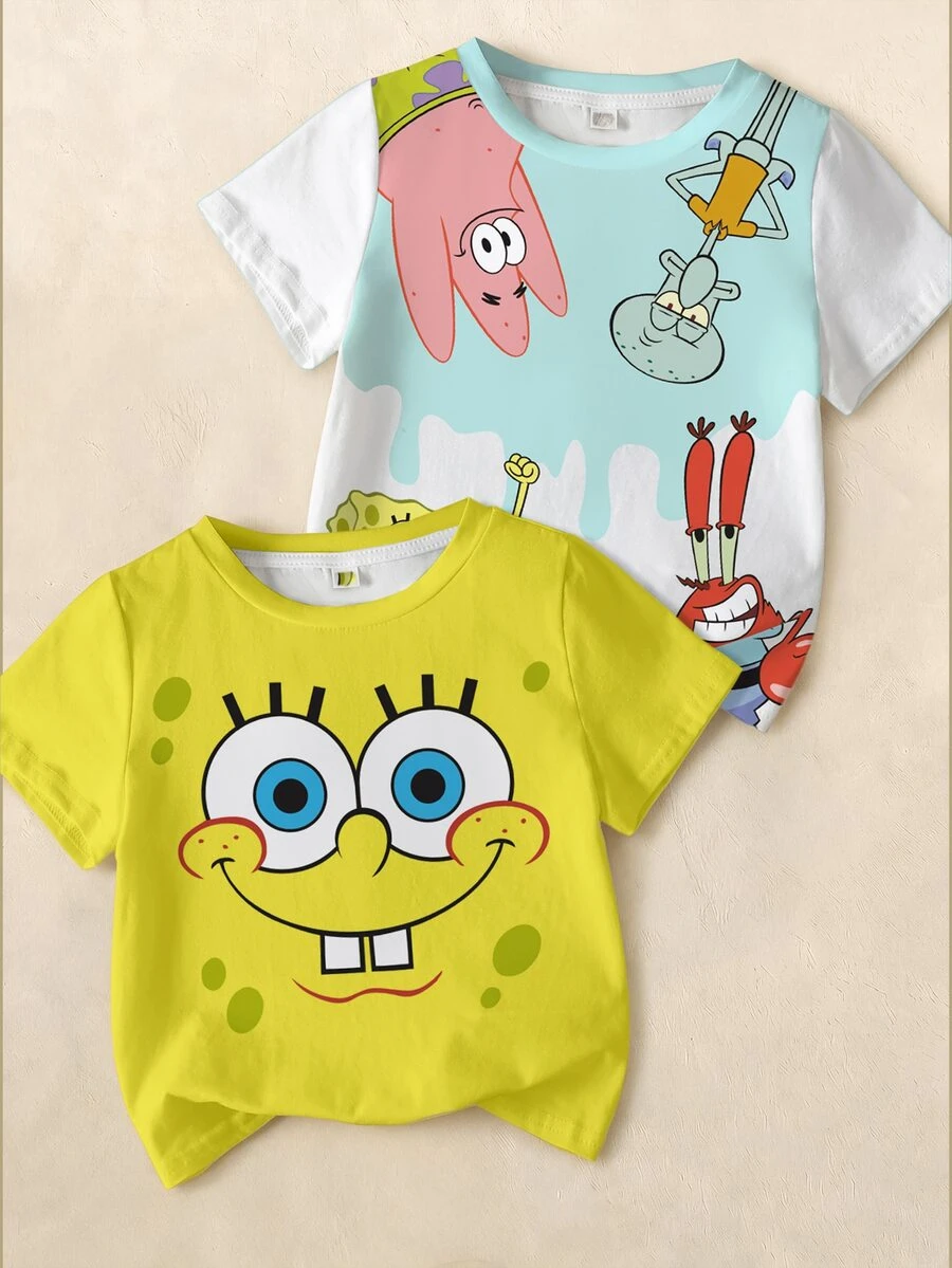 SpongeBob SquarePants | SHEIN 女童圓領卡通印花短袖T恤2件套,適合夏季 - 彩色 - 查看 1